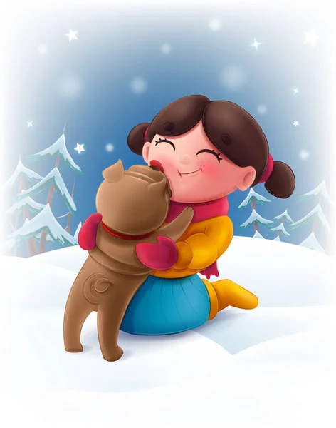 Χριστουγεννιάτικες Διακοπές Χαριτωμένο Αξιολάτρευτο Κοριτσάκι Καφέ Κουτάβι Αγκαλιά — Διανυσματικό Αρχείο