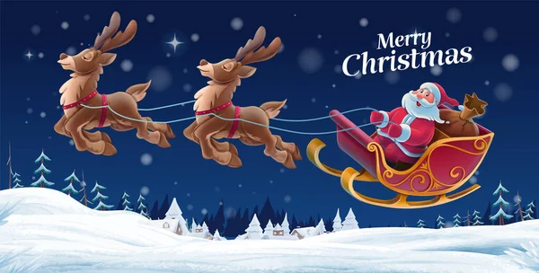 Illustratie Van Kerstman Slee Met Herten Vliegen Boven Sneeuw Bedekt — Stockvector