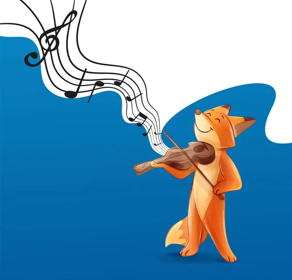 Ilustração Uma Raposa Bonito Tocando Violino Fundo Azul — Vetor de Stock