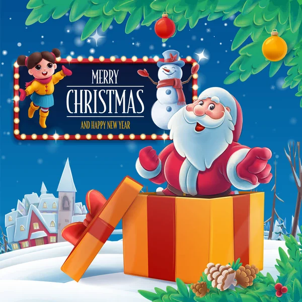 Άγιος Βασίλης Μέσα Κουτί Δώρου Ανακοινώνει Εκδήλωση Χιονισμένο Τοπίο Κοριτσάκι — Διανυσματικό Αρχείο