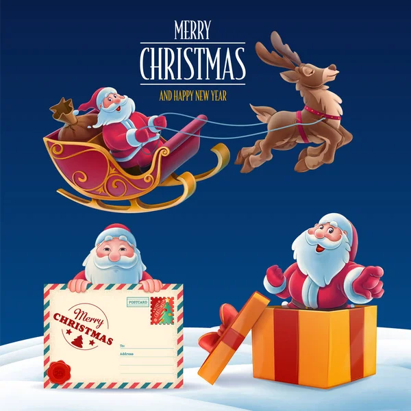 Christmas Card Santa Claus Snowman Santa Claus Sleigh Reindeer Delivers — Stock Vector