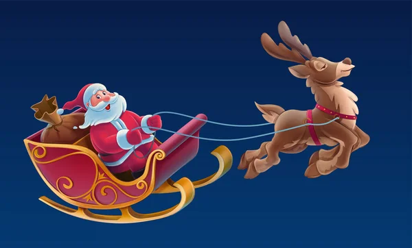 Santa Claus Sleigh Reindeer Delivers Presents — Stock Vector