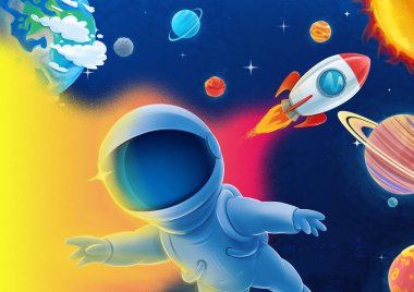Çocuk astronot ve gezegenlerle uzay yolculuğu çizimi