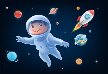 Çocuk astronotla uzay yolculuğu illüstrasyonu