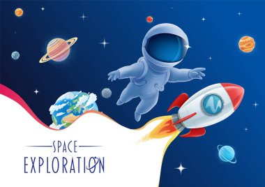 Çocuk astronot gezegenler ve roketlerle uzay keşfi