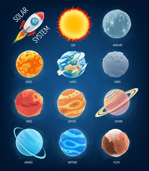 Ikona Planet Układu Słonecznego Rakietą Kosmiczną — Wektor stockowy