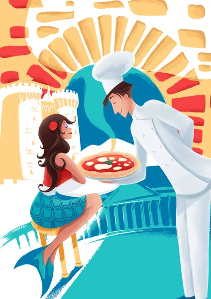 Erkek şef pizza restoranında güzel bir kıza pizza servisi yapıyor. Çizgi film çizimi.