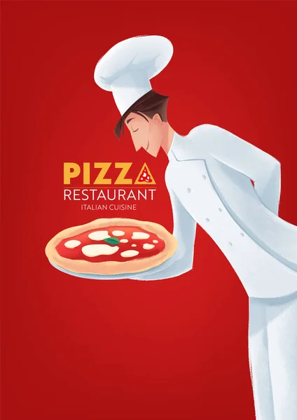 比萨饼餐厅 意大利美食横幅模板与男性厨师 矢量说明 — 图库矢量图片