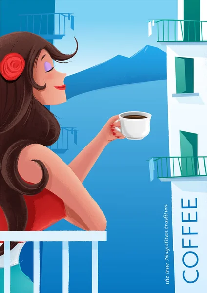 コーヒーを飲みながらバルコニーに立つ美しい女の子 — ストックベクタ