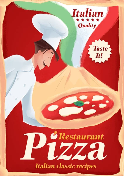 Chef Dengan Pizza Poster Restoran - Stok Vektor