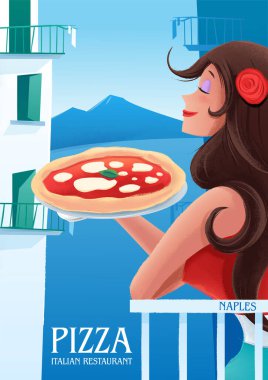 Pizza posteri olan kadın. 