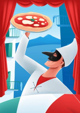 Pizza ve şef posteri, vektör illüstrasyonu