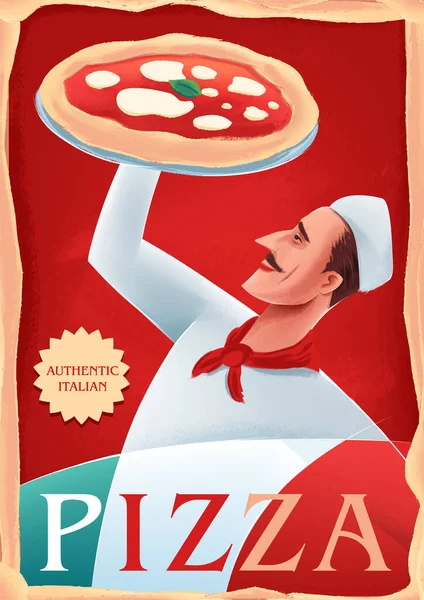 Pizza Pôster Chef Com Fundo Vermelho Texto Ilustração Vetorial — Vetor de Stock