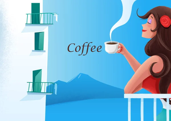 Schöne Mädchen Auf Dem Balkon Mit Einer Tasse Kaffee — Stockvektor