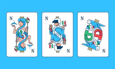 three Neapolitan cards Pulcinella Donkey Siren Neapolitan Vesuvius clipart