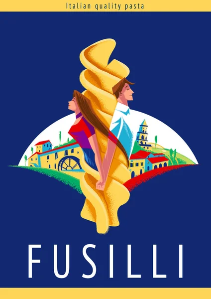 Fusilli Pastaproduktion Reklam Med Man Och Kvinna Hand Hand — Stockfoto