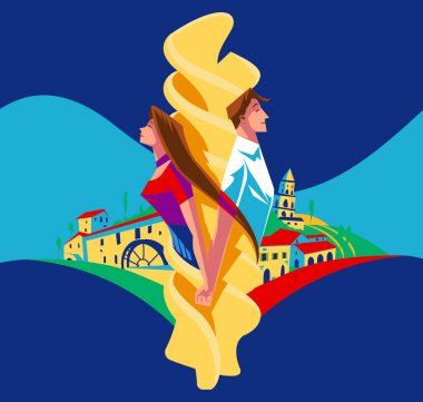 El ele tutuşan kadın ve erkeğin olduğu fusilli makarna reklam afişi.