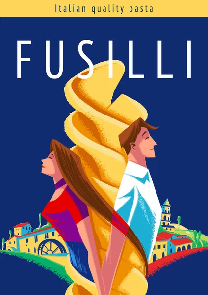 男男女女手牵手的Fusilli面食广告海报 — 图库矢量图片