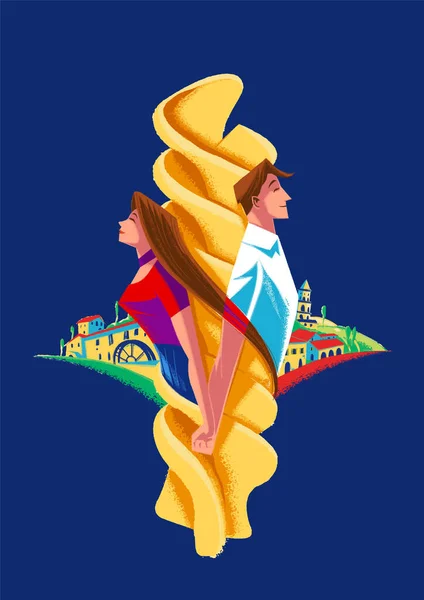 Fusilli Affiche Publicitaire Pâtes Avec Homme Femme Tenant Main — Image vectorielle