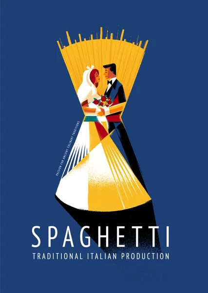 男性と女性のイラスト入りスパゲティパスタパッケージのカバー — ストックベクタ