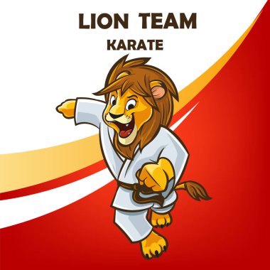 Karate kimonosu olan aslan maskotu.
