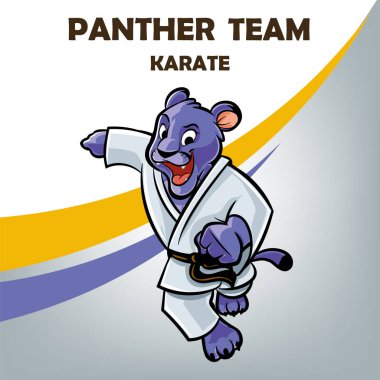 Panter maskotu karate kimonosu ve çizgi film logosu.