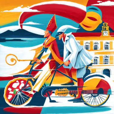 Napoli 'nin bisiklet turu. Pulcinella ve Napoli' nin koruyucu azizi ile kültürel illüstrasyon.