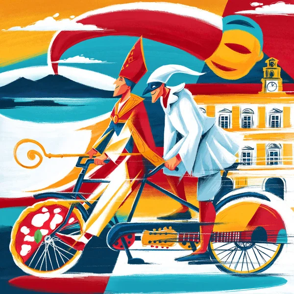 Napoli 'nin bisiklet turu. Pulcinella ve Napoli' nin koruyucu azizi ile kültürel illüstrasyon.
