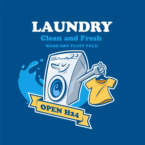 Çamaşır Makinesi Maskotu Çizgi Filmi Çamaşırhane Için Tişört Tasarımı Yapıyor — Stok Vektör