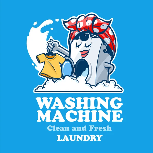 Çamaşır Makinesi Maskotu Çizgi Film Çamaşırhane Için Tişört Tasarlıyor — Stok Vektör