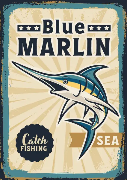 Mavili Marlin Balık Pankartı Yaşlandırılmış — Stok Vektör