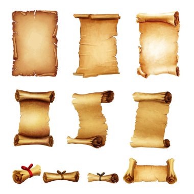 Beyaz arkaplanda parşömen koleksiyonu, vektör illüstrasyonuName 