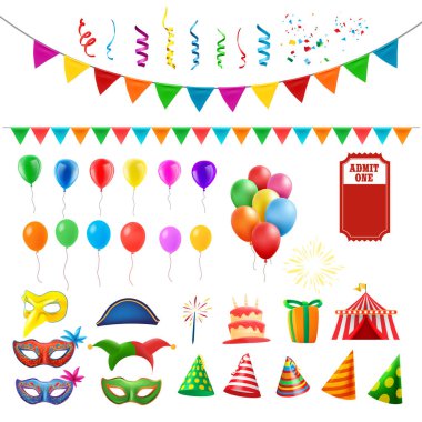 Doğum günü partisi için konfeti maskesi unsurları, beyaz arkaplanda vektör illüstrasyonu 