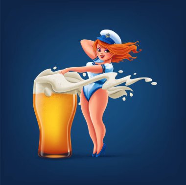 Soğuk biralı, köpüklü denizci kız.