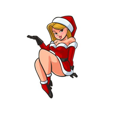 1950 'lerin tarzı, Noel elbiseli sarışın kız reklam filmi için poz veriyor.