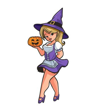 Cadılar bayramı için elinde balkabağıyla cadıyı iğnele