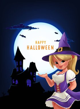 Sarışın cadı Cadılar Bayramı rozeti Gece kalenin yanında poz veriyor, Mutlu Cadılar Bayramı kartpostalları