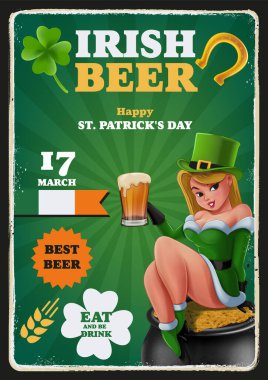 Vintage poster mutlu Aziz Patrick günü, biralı kız 