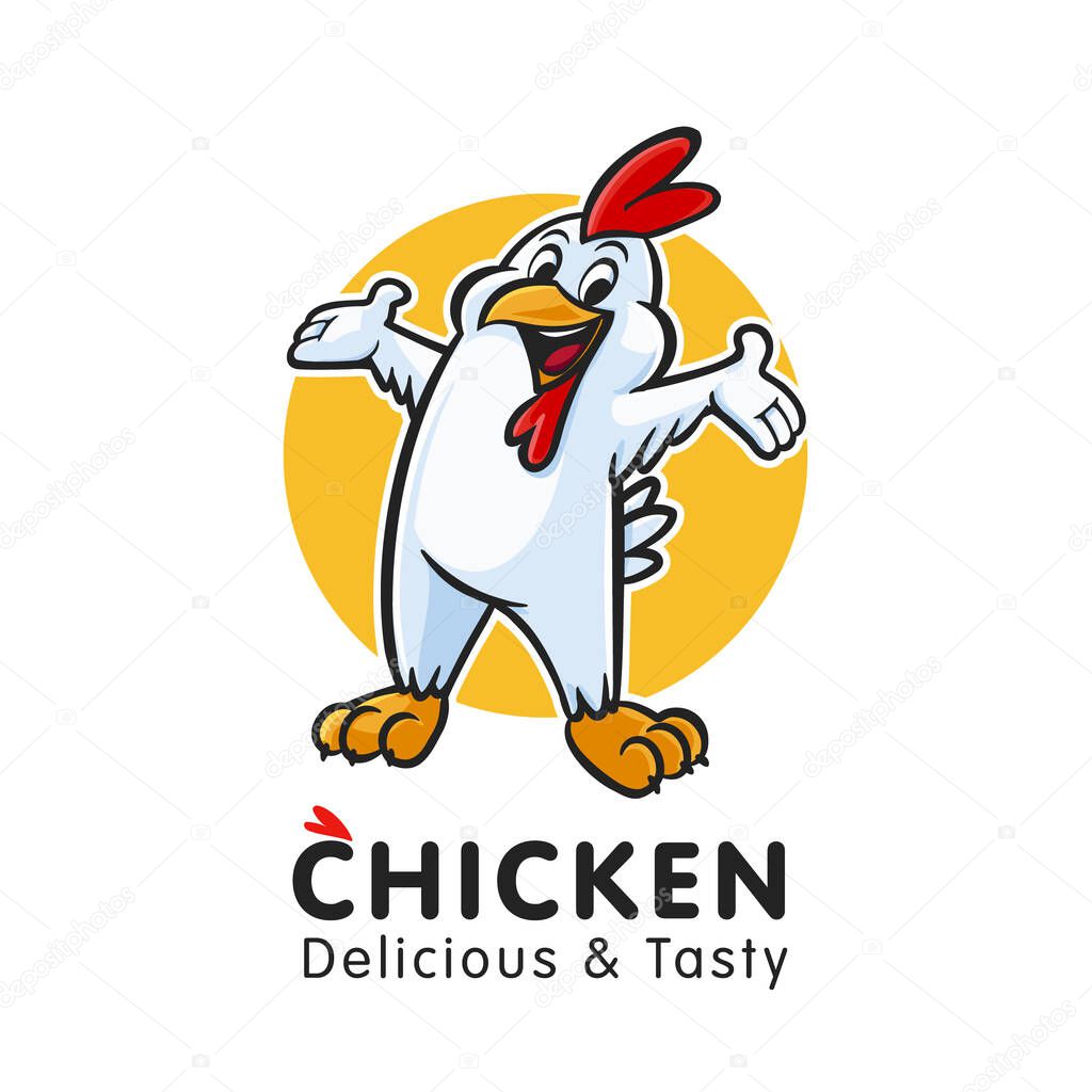 Chicken Logo. Vector Illustration. Chicken Mascot Design. Suitable for T-shirt, Badge, Emblem, Print, Business, Brand, Fast Food, Culinary Brand, Restaurant, Chicken Farm, Cooking, Chef Logo