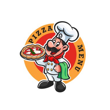 İtalyan şef beyaz arka planda pizza web çizimi tasarımı tutuyor
