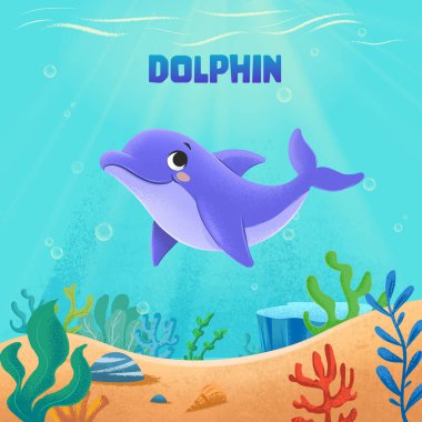 Yunus karakteri çizimi denizde mercan bitkileriyle