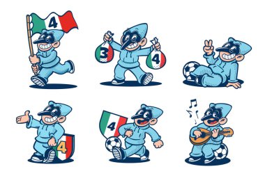 Pulcinella 'nın geleneksel İtalyan maskesi. Kalkanlarda İtalyan bayrakları ve beyaz arka planda 4 numara tutan karnaval karakteri. Futbol şampiyonluğu konsepti