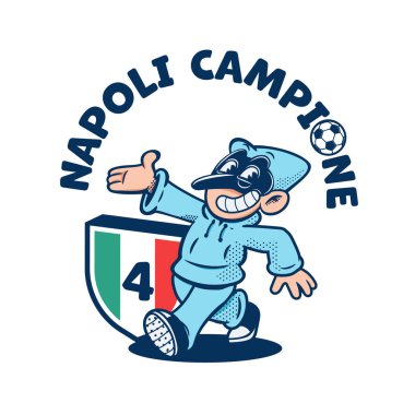 Pulcinella 'nın geleneksel İtalyan maskesi. Kalkanında İtalyan bayrağı taşıyan karnaval karakteri ve beyaz arka planda 4 numara. Futbol şampiyonluğu konsepti