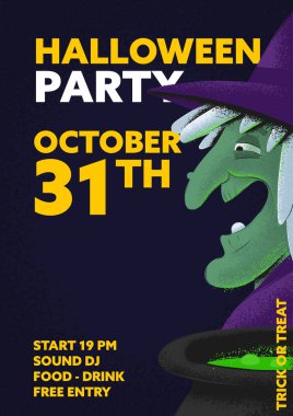 Cadılar Bayramı için komik bir poster - siyah arkaplanda cadı karakteri