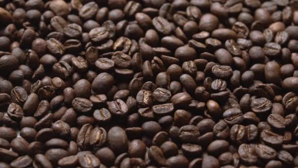 Närbild Makro Kaffebönor Detaljerad Rostade Korn Textur Bokeh — Stockvideo