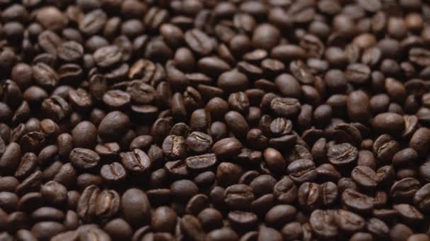 Cerrar Macro Granos Café Detallados Granos Tostados Textura Bokeh — Vídeos de Stock
