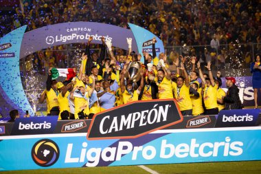 Quito, Ekvador - Ligapro finali 2022 Aucas-Barcelona SC Aucas maçı kazandı ve tarihte ilk kez milli liga şampiyonluğunu kutladı.