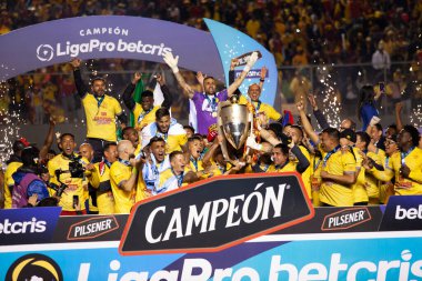 Quito, Ekvador - Ligapro finali 2022 Aucas-Barcelona SC Aucas maçı kazandı ve tarihte ilk kez milli liga şampiyonluğunu kutladı.