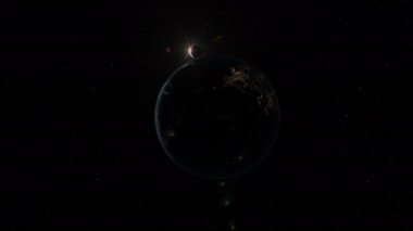 Uzay güneş tutulması. Dünya, ay, güneş, alev, güneş patlaması.