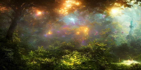 Parlayan Işıklarla Büyüleyici Gizemli Orman Stok Çizimi — Stok fotoğraf
